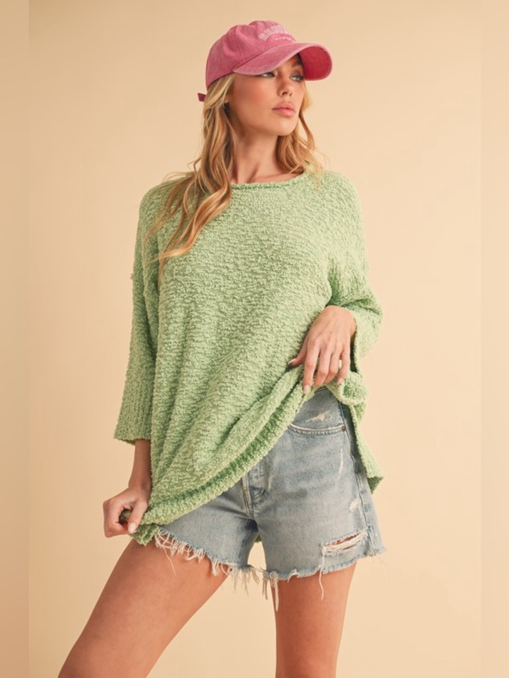 Aemi + Co Side Slit Ribbed Hem Round Neck Sweater